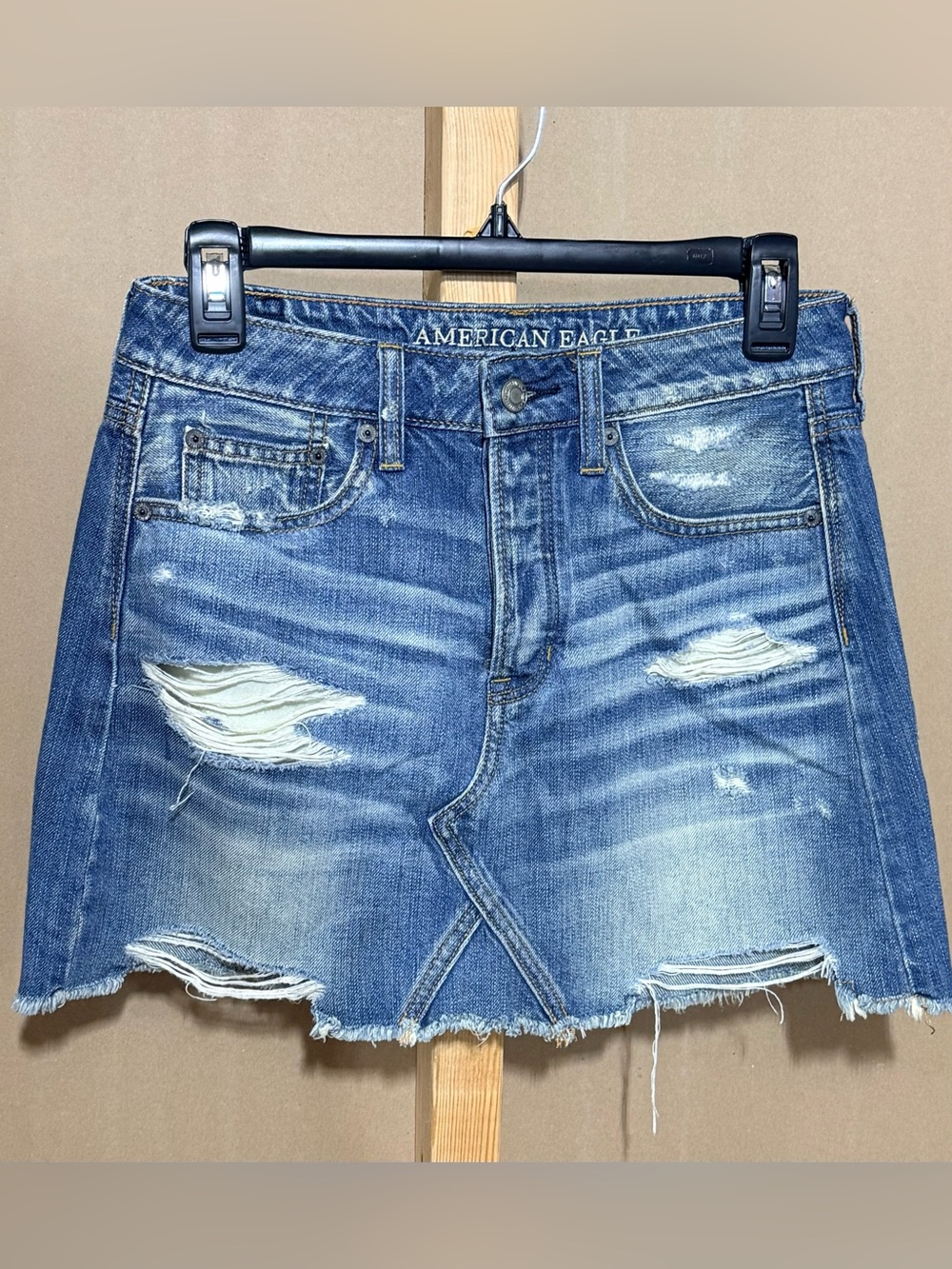 American Eagle Distressed Blue Denim Mini Skirt
